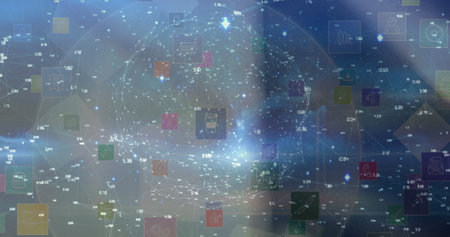 Image of globe with digital icons over blurred background. global connections, digital interface and technology concept digitally generated image.の写真素材