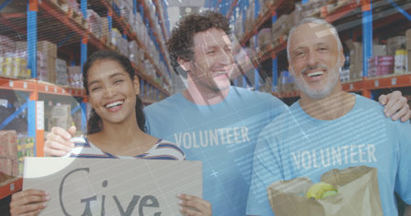 Statistical data processing against diverse male and female volunteers smiling at warehouse. logistics and transportation business conceptの写真素材
