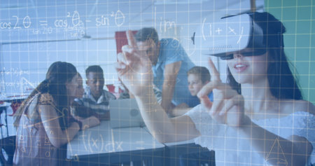 Image of mathematical equations over schoolchildren using vr headsets. global education, technology...