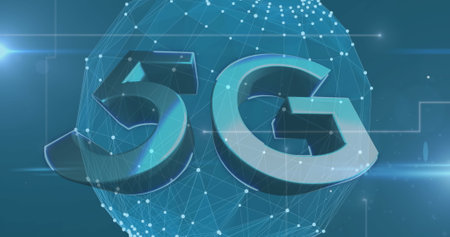 5g text over globe of network of connection against light trails on blue background. global...