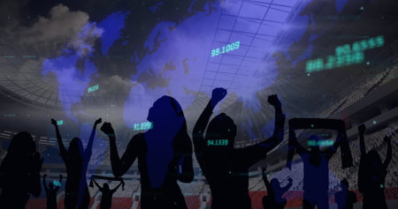 Multiple changing numbers over world map over silhouette of fans cheering against sports stadium. sports competition and tournament during coronavirus covid-19 pandemic conceptの写真素材