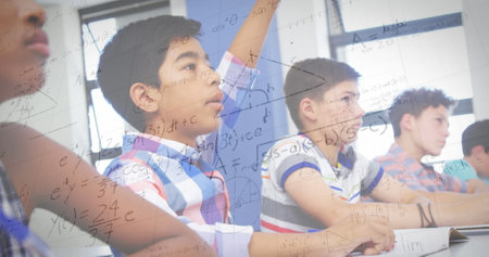 Image of mathematical equations over schoolchildren learning. global education, technology and...