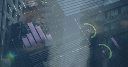 Image of financial data processing and business people over office building. global finance,...