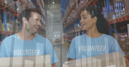 Image of statistics and data processing over smiling volunteers working in warehouse. global data...