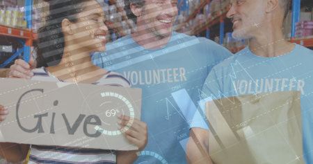 Statistical data processing against diverse male and female volunteers smiling at warehouse....