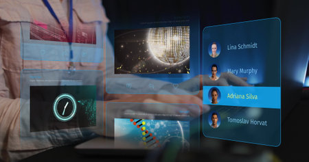 Image of social media posts and people profiles over hands typing on keyword. Global social media...