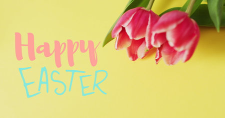 Image of happy easter and tulips on yellow background. easter, spring, tradition and celebration concept digitlaly generated image.の写真素材