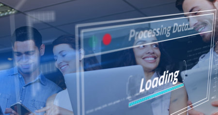 Image of data processing over diverse business people using smartphones and laptop. Global...