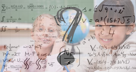Question mark symbol and mathematical equations against diverse school boy and girl at school. school and education conceptの写真素材