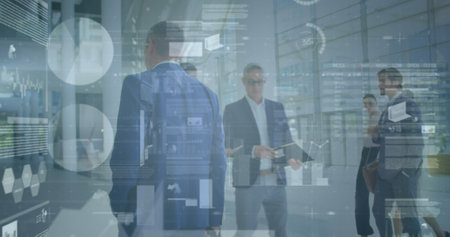 Image of financial data processing over business people in office. global finance, business and...