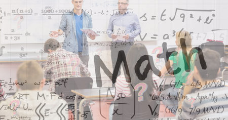 Image of math text and mathematical equations over diverse students in classroom. education,...