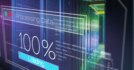 Image of data processing over server room. Global technology, computing and digital interface...