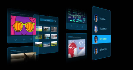Image of interface with social media posts and people profiles on black background. Global social...