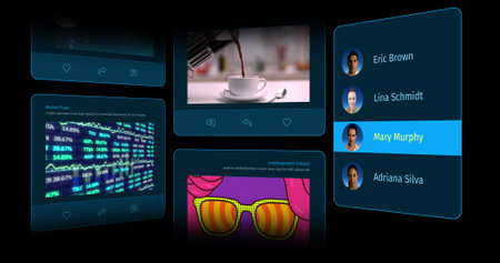 Image of interface with social media posts and people profiles on black background. Global social...