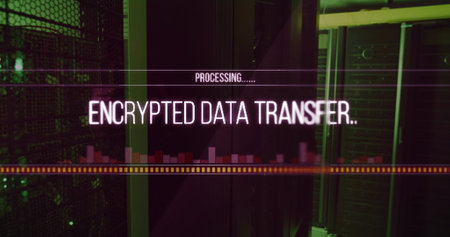 Image of data processing over server room. Global technology, computing and digital interface...