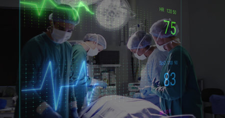Image of cardiograph over diverse surgeons operating on patient at hospital. Medicine, healthcare...
