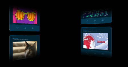 Image of interface with social media posts on black background. Global social media and digital...