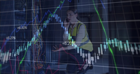 Image of data processing over caucasian female it engineer with laptop checking computer servers....