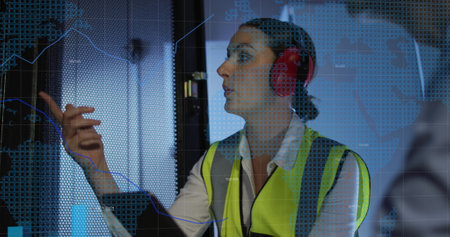 Image of data processing over caucasian female it engineer with tablet checking computer servers....
