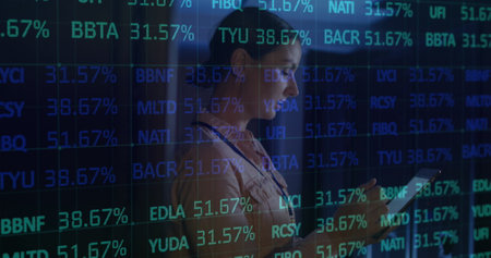Image of data processing over caucasian female it engineer with tablet checking computer servers....