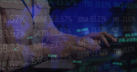 Image of data over caucasian female it engineer using computer by computer server. data processing,...