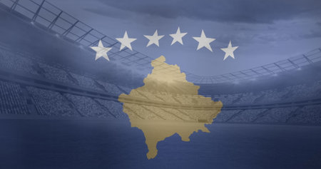 Image of flag of kosovo over sports stadium. Global sport and digital interface concept digitally generated image.の写真素材