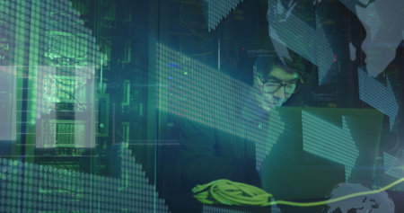Image of data over asian male hacker in hoodie using laptop by computer server. online security,...