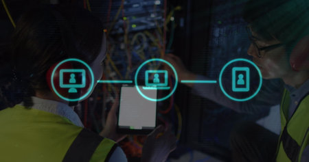 Image of icons over diverse male and female it engineers with tablet by computer server. data...
