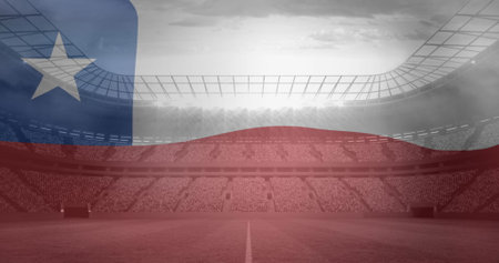 Image of waving flag of chile over sport stadium. Sports, competition, entertainment and technology concept digitally generated image.の写真素材
