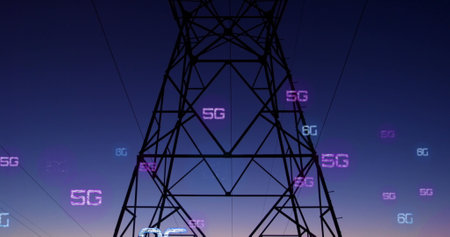 Image of network of 5g and 6g text over electric pylon. Global networks, connections, data...