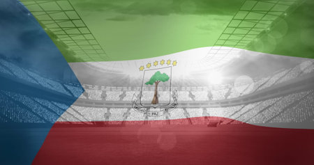 Image of flag of guinea over sports stadium. Global sport and digital interface concept digitally generated image.の写真素材