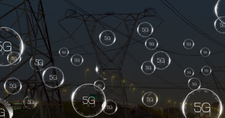 Image of network of 5g text over electrical pylons. Global networks, connections, data processing...