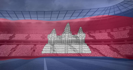 Image of flag of cambodia over sports stadium. Global sport and digital interface concept digitally generated image.の写真素材