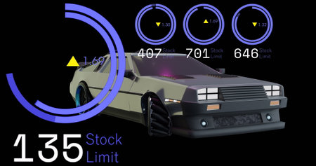Image of digital interface with numbers over car driving. Global connections, networks, data processing and digital interface concept digitally generated image.の写真素材