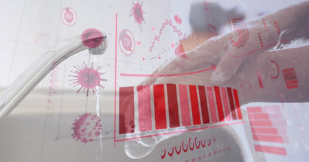 Image of digital interface with graphs and statistics over woman washing her hands. Global...