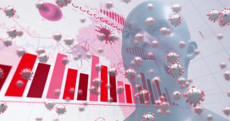 Image of digital interface with graphs, statistics and coronavirus Covid 19 cells spreading over model of human head. Global coronavirus pandemic concept digitally generated image.の写真素材