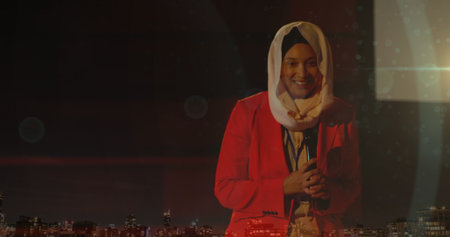 Image of asian woman in hijab with microphone, over cityscape. out and about in the city, digitally...