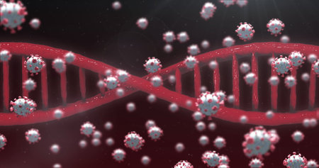 Image of 3D coronavirus Covid 19 cells spreading with rotating DNA strand. Global coronavirus pandemic concept digitally generated image.の写真素材
