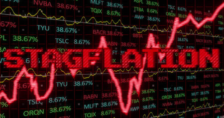Image of stagflation text in red over graph and financial data processing. Global business economy,...