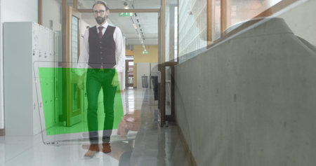Image of businessman using laptop with green screen over businessman walking in office corridor. business and communication technology concept digitally generated image.の写真素材