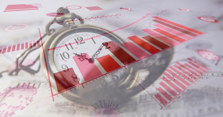 Image of digital interface graphs, statistics and coronavirus Covid 19 cells over moving clock and banknote. Global coronavirus pandemic concept digitally generated image.の写真素材