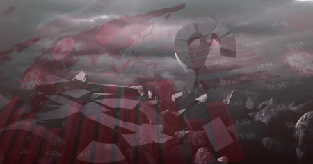 Image of digital interface coronavirus Covid 19 cells, graphs and statistics over dollar symbol. Global coronavirus pandemic concept digitally generated image.の写真素材