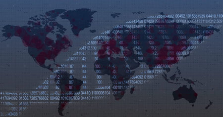 Image of rotating DNA strand made of data processing on world map. Global coronavirus pandemic concept digitally generated image.の写真素材