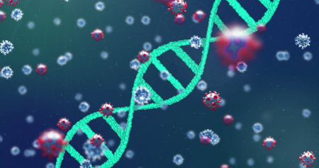 Image of 3D coronavirus Covid 19 cells spreading with rotating DNA strand. Global coronavirus pandemic concept digitally generated image.の写真素材
