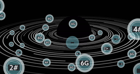 Image of network of 6g text over globe. Global networks, connections, data processing and digital...