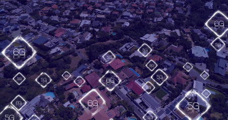 Image of network of 6g text over cityscape. Global networks, connections, data processing and digital interface concept digitally generated image.の写真素材