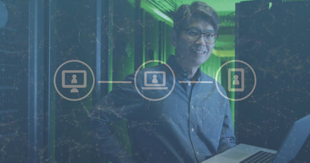 Image of icons over smiling asian male it engineer with tablet by computer server. data processing,...