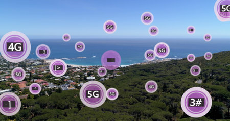 Image of network of 5g text over landscape. Global networks, connections, data processing and digital interface concept digitally generated image.の写真素材