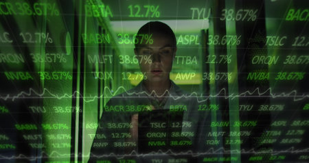 Image of data processing over caucasian female it engineer with tablet checking computer servers....
