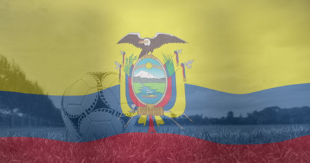 Image of waving flag of ecuador over football ball. World cup soccer concept digitally generated image.の写真素材